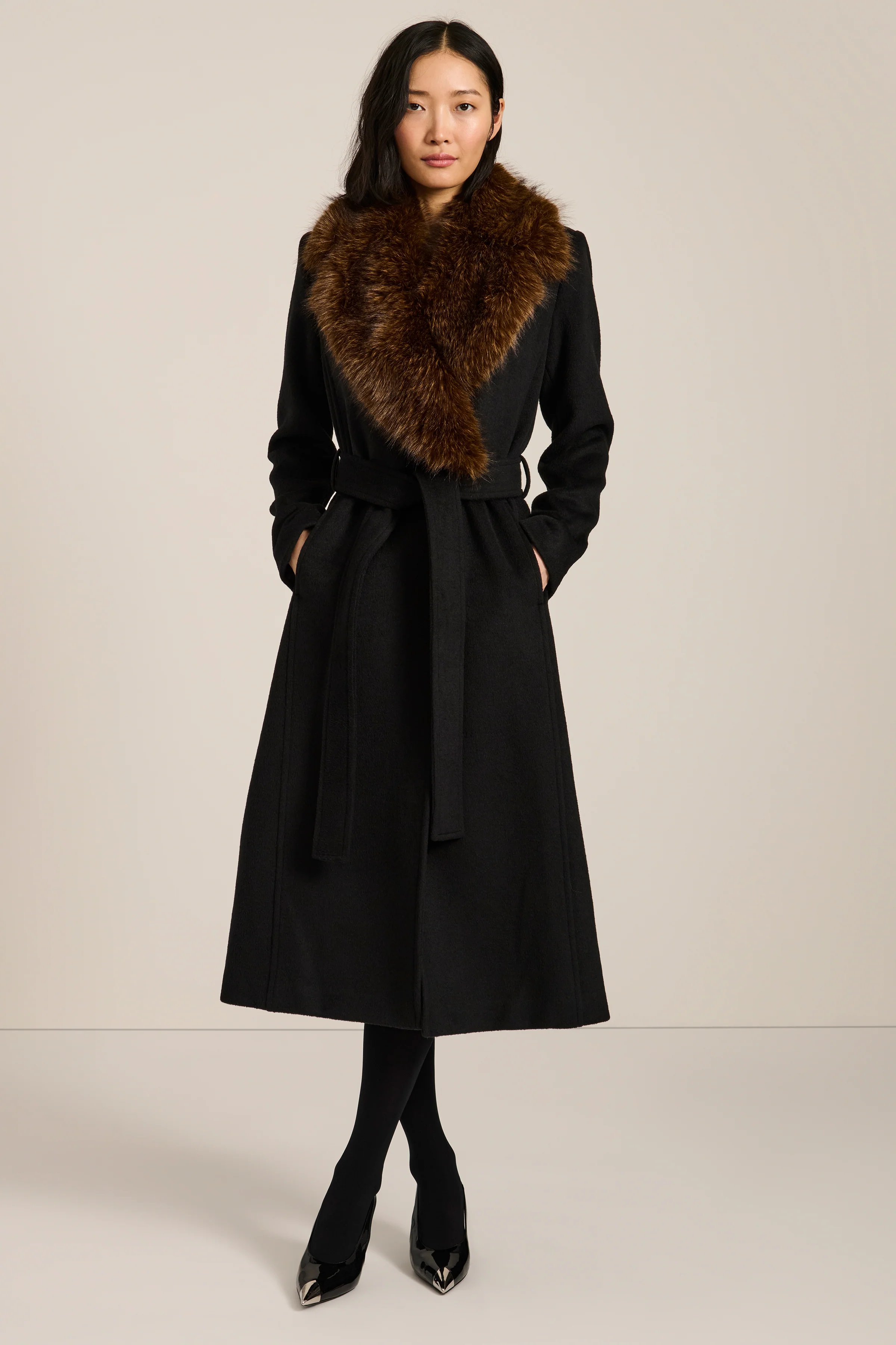 Genevieve Faux Fur Collar Belted Coat