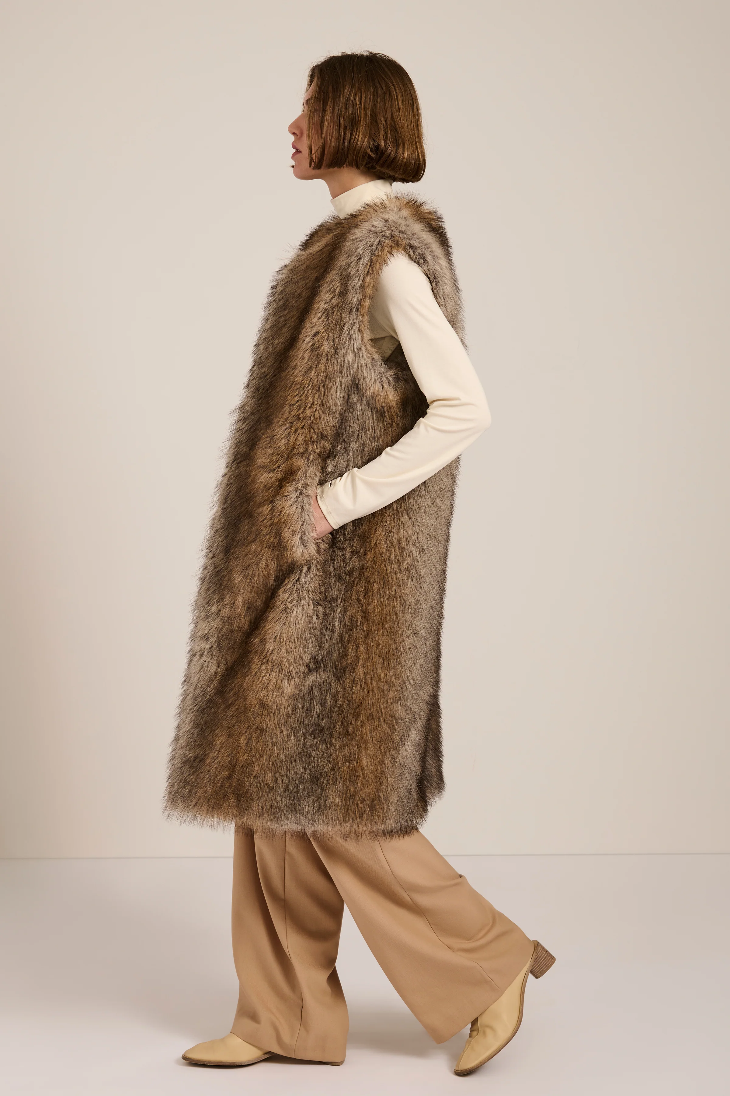 Sienna Brown-Tipped Faux Fur Long Vest - Image 5